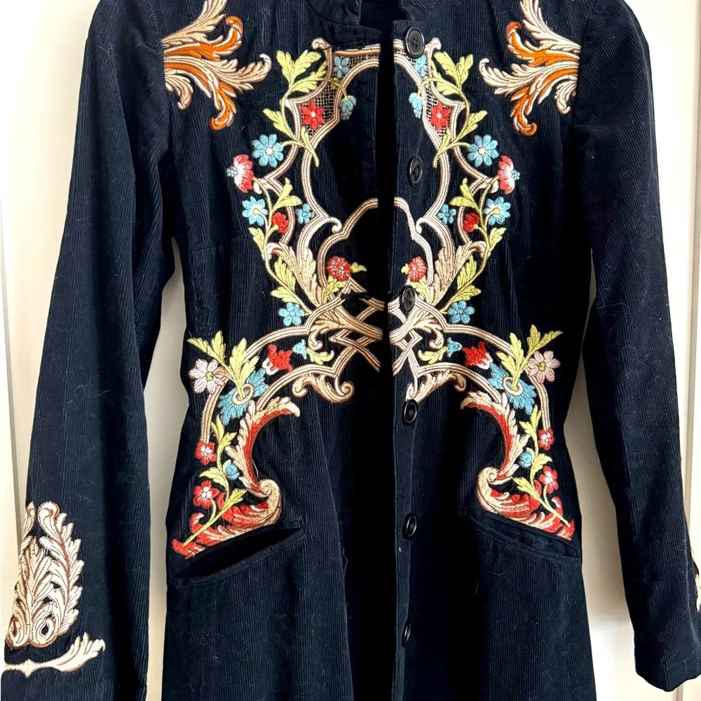 Barely worn Johnny Was - Embroidered Black mid-length Corduroy Coat, Size Medium - Picture 2 of 10